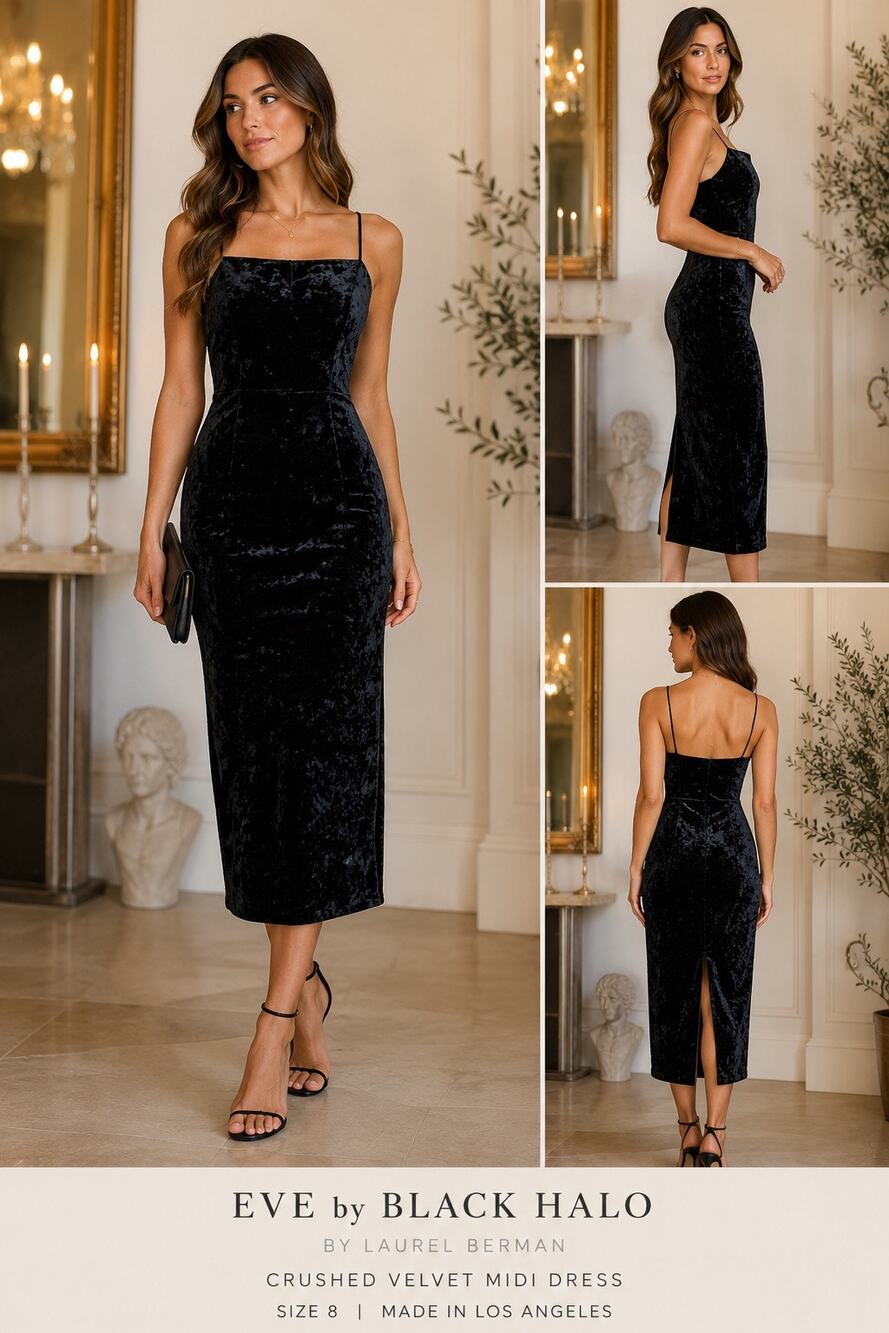Black Halo EVE Crushed Velvet Midi Dress 8 Black Evening Cocktail Glam Pristine